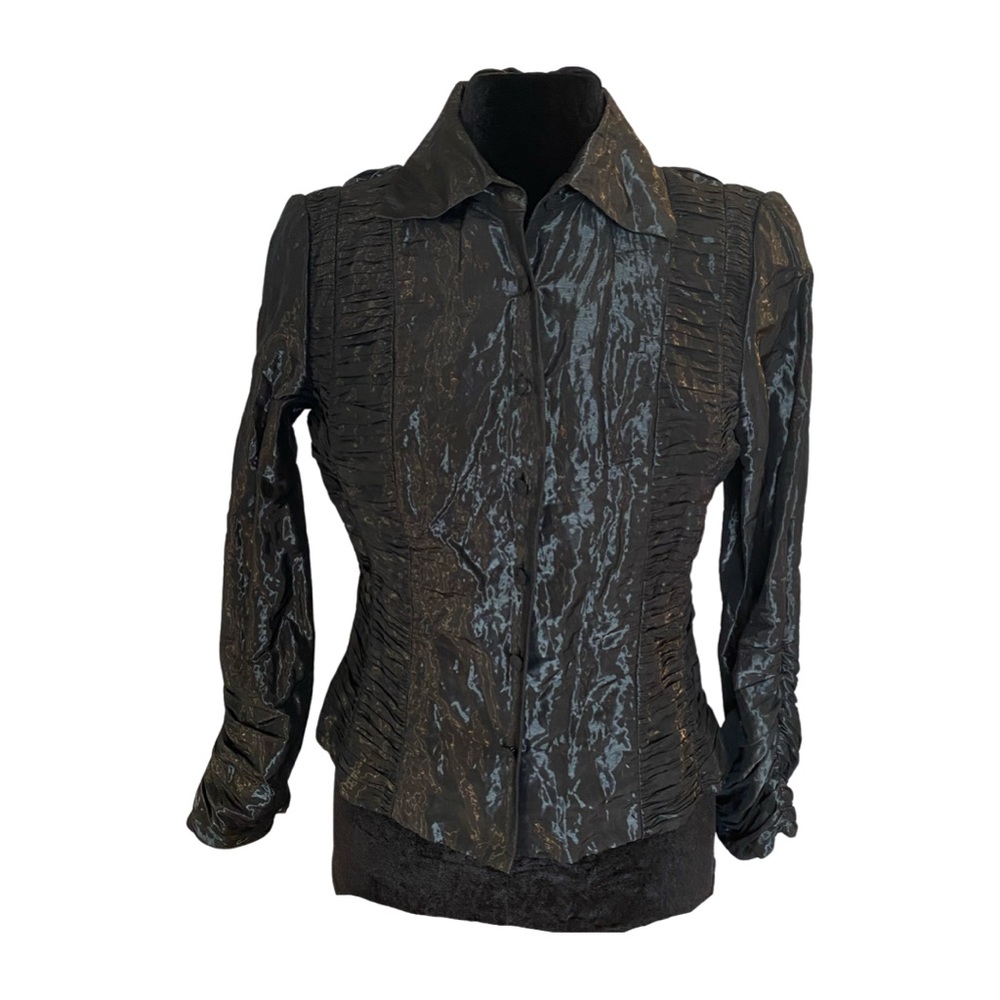 Black Metallic Ruched Button Down Shirt Long Sleeve Textured Blouse